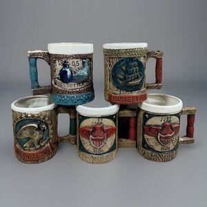 Ceramic Mugs Bird Bottle Mariner Colonial Inn Eagle 1776 Rustic Napcoware Set/5